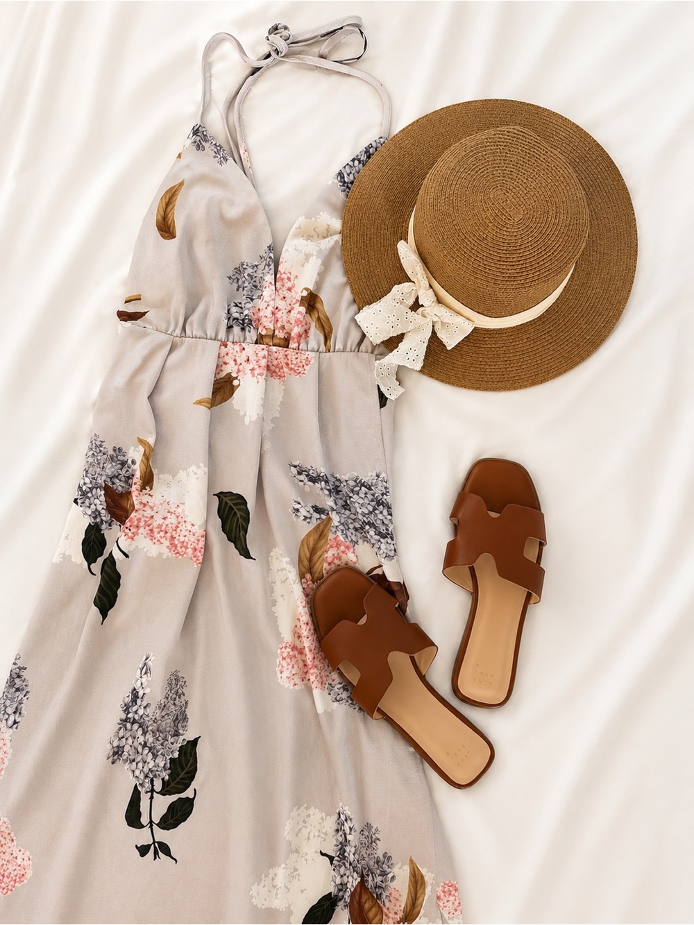 NWT Floral Halter Maxi Dress Taupe Cottagecore Garden Party